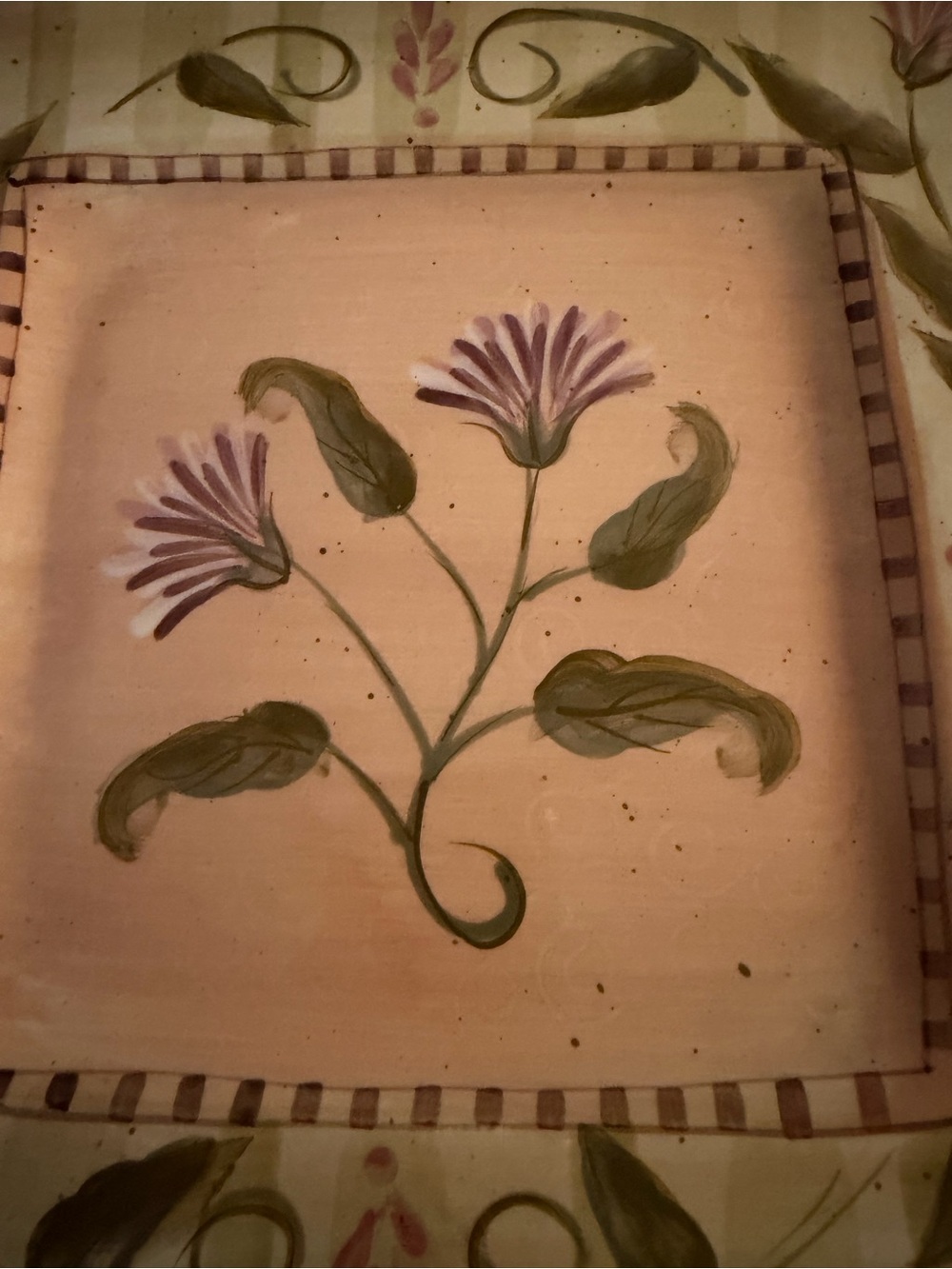 Hand-Painted Ceramic Floral Tile in Pink and Green - Unbranded